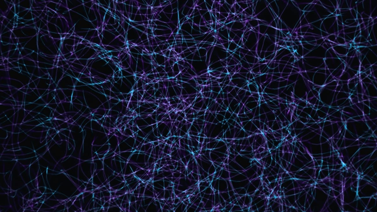 an abstract design reminiscent of a neural network with light blue and purple neurons against a black background